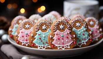 ai généré fait maison pain d'épice biscuits décorer le de fête Noël table généré par ai photo