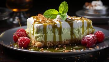 ai généré Frais framboise cheesecake avec menthe feuille décoration sur en bois assiette généré par ai photo