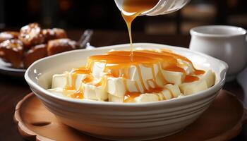 ai généré en bonne santé en mangeant Frais dessert, fait maison avec biologique ingrédients, sur en bois table généré par ai photo