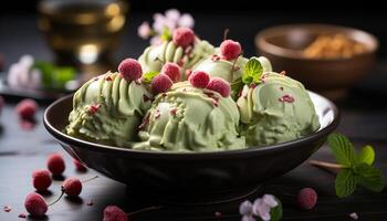 ai généré fait maison gourmet dessert Frais baie la glace crème sur rustique table généré par ai photo