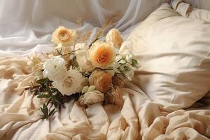 ai généré de mariée bouquet de blanc des roses sur une beige lit. content mariage concept. photo