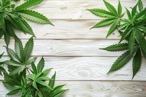 ai généré vert marijuana cannabis feuilles Cadre sur blanc en bois Contexte avec copie espace photo