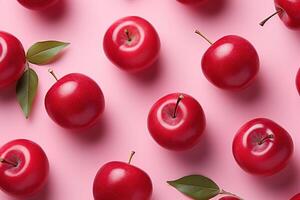 ai généré savoureux mûr rouge Pomme avec feuilles sur une rose Contexte Haut vue des fruits Contexte photo