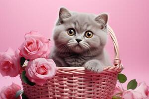 ai généré mignonne gris Britanique chat dans une osier panier avec fleurs sur une rose Contexte photo