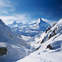 ai généré majestueux panorama neigeux Montagne vue capturé dans expansif panoramique vue pour social médias Publier Taille photo