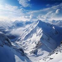 ai généré hiver merveille neige couvert montagnes dans une Haut vue panoramique scène pour social médias Publier Taille photo