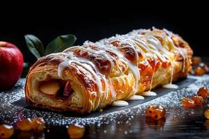 ai généré riches indulgence Pomme strudel présenté contre une foncé toile de fond photo