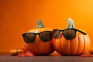 ai généré cool et effrayant Halloween citrouilles avec des lunettes de soleil sur Orange Contexte photo