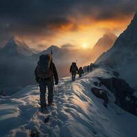 ai généré alpin aventure routards en marchant dans neigeux montagnes pendant le coucher du soleil pour social médias Publier Taille photo