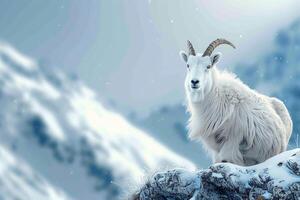 ai généré majestueux présence Montagne chèvre dans le neige, espace pour texte photo