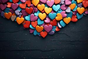 ai généré valentines mosaïque coloré cœur en forme de objets sur texturé foncé surface Contexte photo