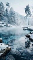 ai généré glacial ambiance chaud ressorts entouré par brouillard sur une hiver journée verticale mobile fond d'écran photo