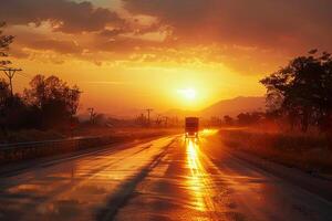 ai généré en mouvement Véhicules sur une pays route contre une étourdissant le coucher du soleil toile de fond photo