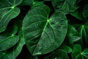 ai généré image proche en haut de pluie embrassé vert feuilles, l'eau gouttelettes luire délicatement photo