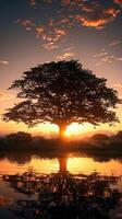 ai généré des arbres par l'eau à lever du soleil, grand arbre contre en hausse ciel verticale mobile fond d'écran photo