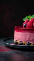 ai généré indulgent douceur framboise cheesecake contre une foncé toile de fond, texte prêt verticale mobile fond d'écran photo