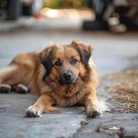 ai généré confortable chien repose sur le béton sol, une image de tranquillité pour social médias Publier Taille photo