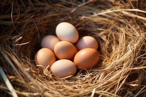 ai généré Oeuf nid harmonie pile de marron des œufs imbriqué dans une nid photo