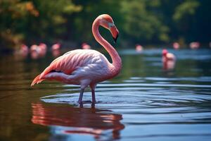 ai généré gracieux élégance rose flamant nager sur une serein Lac photo