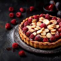 ai généré sucré tentation Bakewell Tarte sur foncé Contexte avec texte espace pour social médias Publier Taille photo