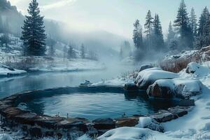 ai généré glacial ambiance chaud ressorts entouré par brouillard sur une hiver journée photo