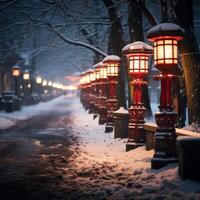 ai généré hiver pays des merveilles neige couvert rue avec embrasé rouge lanternes pour social médias Publier Taille photo