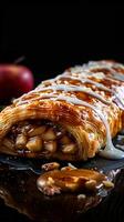 ai généré irrésistible traiter Pomme strudel sur foncé Contexte avec texte espace verticale mobile fond d'écran photo