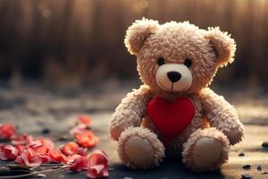 ai généré adorable romance nounours ours avec rouge cœur, idéal pour valentines photo