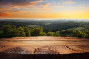 ai généré le coucher du soleil vitrine vide en bois table contre brumeux paysage pour afficher photo