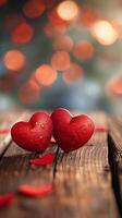 ai généré sucré l'amour scène rouge cœurs sur une en bois table toile de fond verticale mobile fond d'écran photo