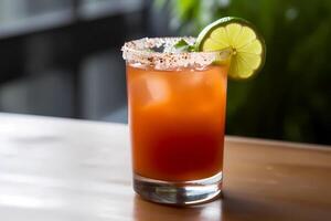 ai généré Michelada - originaire dans Mexique, fabriqué avec bière, citron vert jus, chaud sauce, Worcestershire sauce, et sel photo