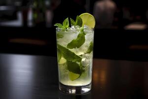 ai généré Mojito - originaire dans Cuba, fabriqué avec blanc rhum, citron vert jus, menthe feuilles, sucre, et un soda l'eau photo