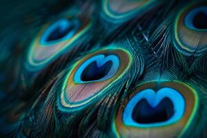 ai généré extrême macro coup de paon plumes. blues et légumes verts avec d'or teintes. Terre journée. ai généré photo