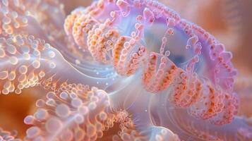 ai généré fermer de méduse tentacules avec Orange et rose teintes. Marin la biologie. Terre journée. ai généré photo