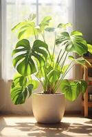 ai généré monstera plante dans le intérieur par le la fenêtre. en bonne santé environnement avec verdure. ai généré photo