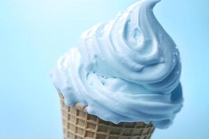ai généré bleu glacé la glace crème cône sur bleu Contexte proche en haut. génératif ai photo