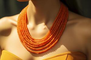 ai généré femme orner Orange Multi-brin perlé collier. génératif ai photo