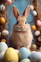 ai généré mignonne marron lapin parmi coloré des œufs - Pâques carte. ai généré photo