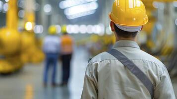 ai généré usine ingénieur, professionnel homme dans uniforme et sécurité difficile chapeau à poste de travail photo