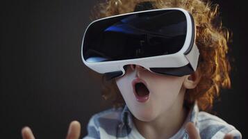 ai généré enfant portant grand moderne virtuel réalité lunettes, exprimer délice et stupéfaction photo