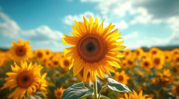 ai généré d'or tournesol sur champ et bleu ciel Stock photo