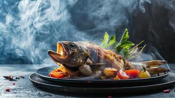 ai généré grillé poisson avec des légumes et fumée sur une noir assiette sur une foncé Contexte photo
