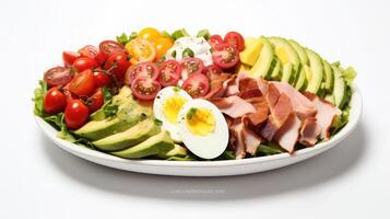 ai généré salade avec jambon, avocat, tomates et des œufs sur une blanc Contexte photo