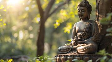 ai généré Bouddha statue méditer près gros arbre. photo