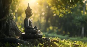 ai généré Bouddha statue méditer près gros arbre. photo