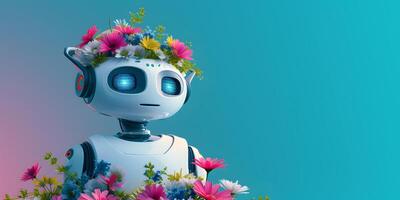 ai généré mignonne robot et coloré fleurs. génératif ai création concept. photo