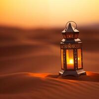 ai généré lumineux lanterne sur désert sable, Ramadan kareem photo