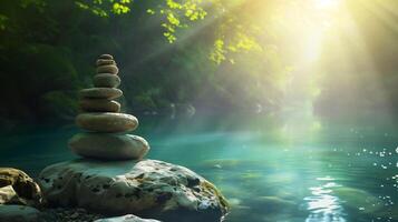 ai généré équilibré pierre art par une Montagne rivière en dessous de lumière du soleil photo