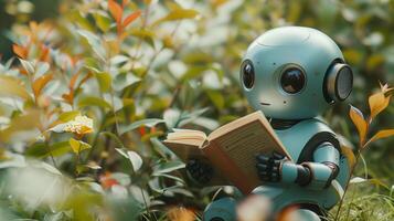 ai généré mignonne robot en train de lire livre dehors, artificiel intelligence concept photo