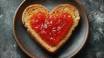 ai généré cœur en forme de fraise confiture sur griller, servi sur une rustique assiette contre une foncé Contexte parfait pour une aimant, confortable petit déjeuner photo